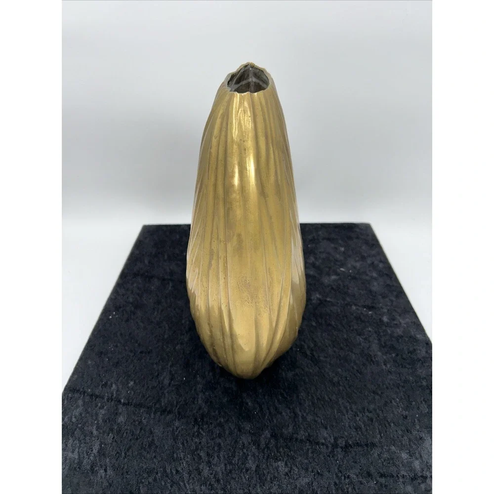Large Solid Brass Vase Made In India Vintage Modern Gold Vessel Waves Patina